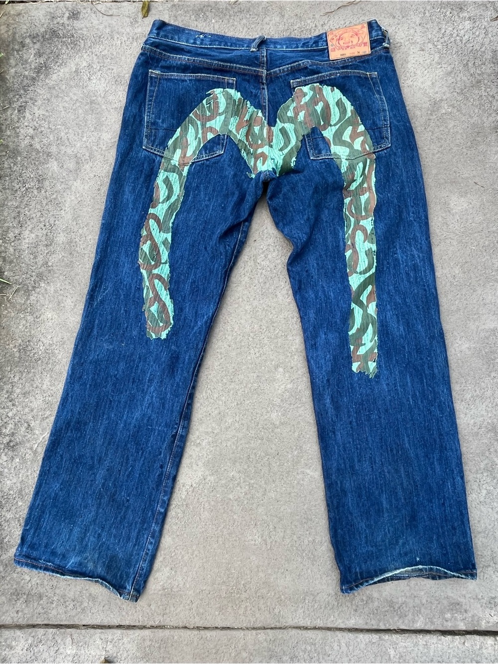 Evisu Men's Dark Blue Denim Jeans with Green Camo Back Arcs